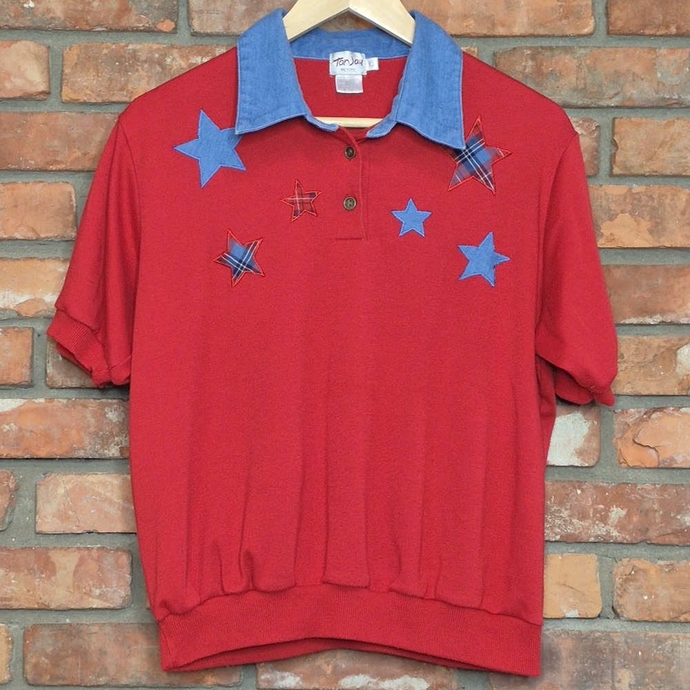 Vintage 90s Tan Jay Petite Star Appliqué Knit Top Red Blue Americana Size L